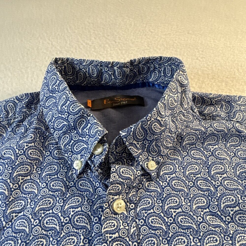 Ben Sherman Mens Button Down Shirt XL Paisley Long Sleeve Blue/White 100% cotton - Picture 3 of 10